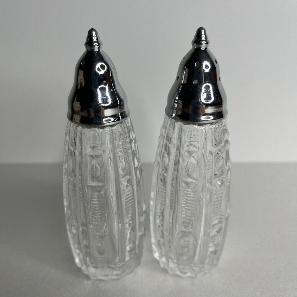 Vintage Salt & Pepper Shakers Clear Pressed Glass Embossed Design Chrome Tops